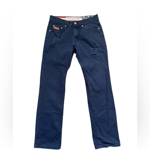 Winchester Embroidered Pocket Distressed Navy Blue Denim Men's Jeans Size 30 - Picture 1 of 8
